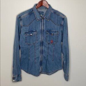 Vintage Acquaverde jean shirt slim fitted long sleeve snaps zipper size Small